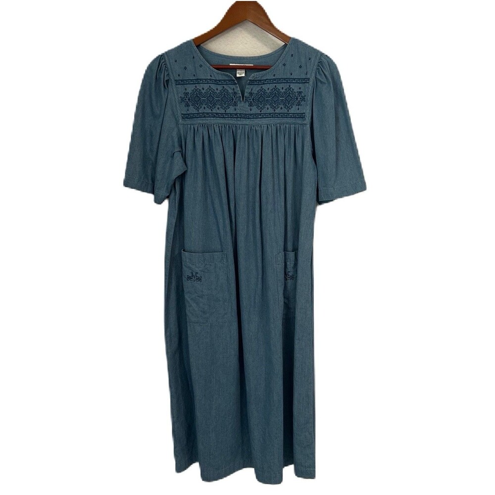Go Softly Patio Dress Woman S Blue Chambray Cotton Embroidery Comfy Cottage VTG